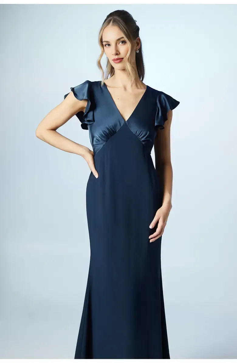 Affordable Fitted V Neck Short Sleeve Floor-Length Prom Dress