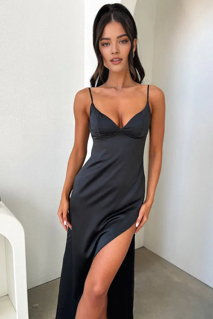 Affordable Sheath Spaghetti Straps Sleeveless Slit Floor-Length Prom Dress