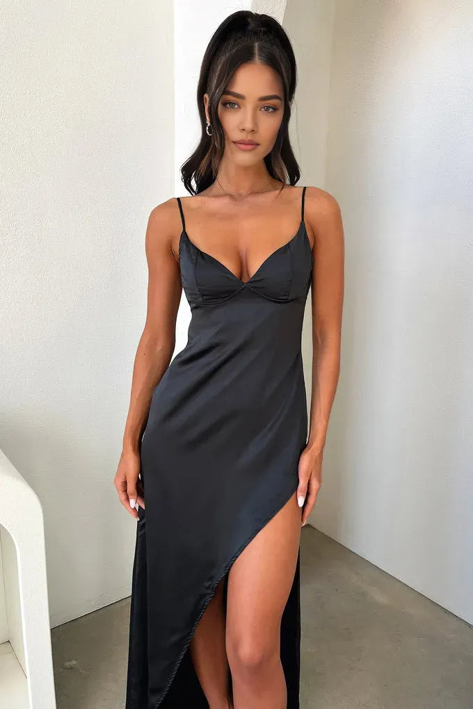 Affordable Sheath Spaghetti Straps Sleeveless Slit Floor-Length Prom Dress