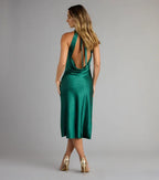 Affordable Curve-hugging Halter Neck Sleeveless Low Cowl Back Midi Length Prom Dress