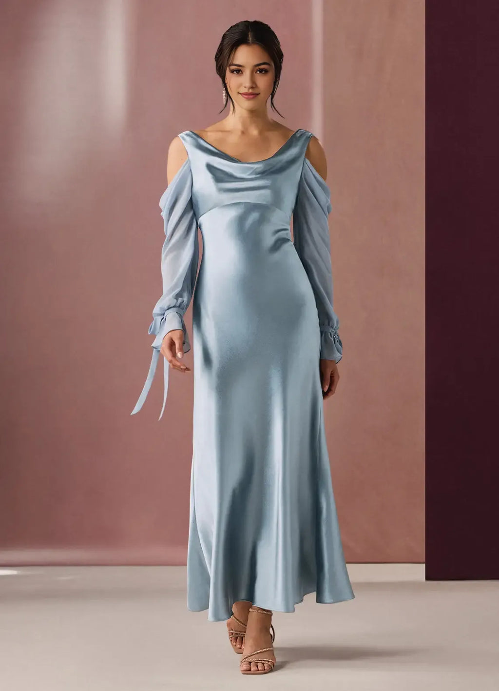 Airy A Line Cowl Neck Cold Shoulder Long Sleeve Open Back Floor Length Hot Sale Prom Dress