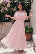 Airy A-Line Off Shoulder Short Sleeve Pleated Maxi Dress