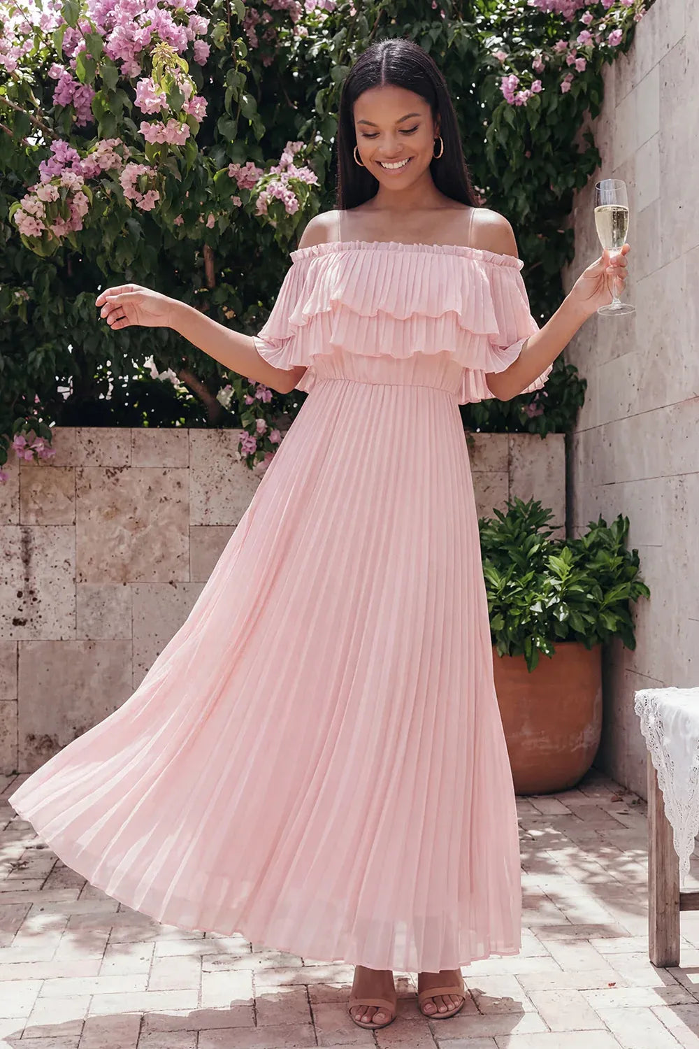 Airy A-Line Off Shoulder Short Sleeve Pleated Maxi Dress