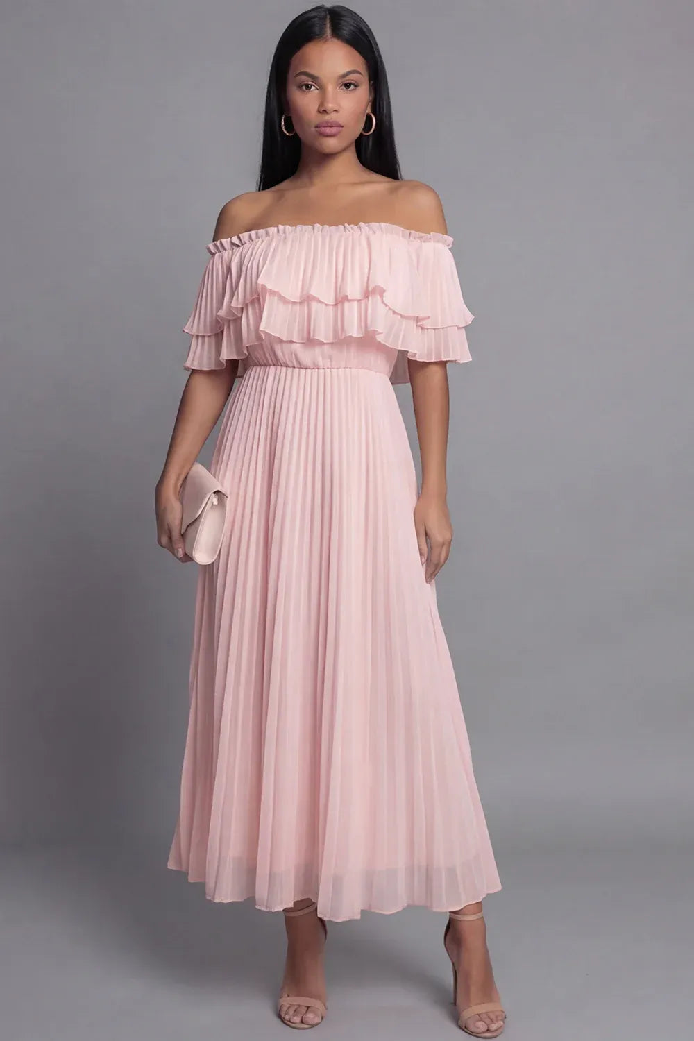 Airy A-Line Off Shoulder Short Sleeve Pleated Maxi Dress