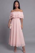 Airy A-Line Off Shoulder Short Sleeve Pleated Maxi Dress