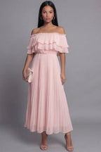 Airy A-Line Off Shoulder Short Sleeve Pleated Maxi Dress