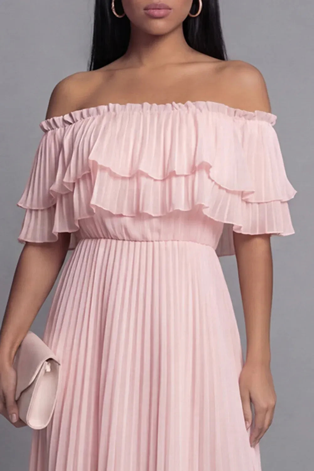 Airy A-Line Off Shoulder Short Sleeve Pleated Maxi Dress