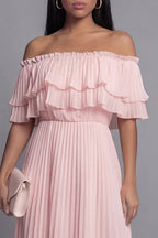 Airy A-Line Off Shoulder Short Sleeve Pleated Maxi Dress
