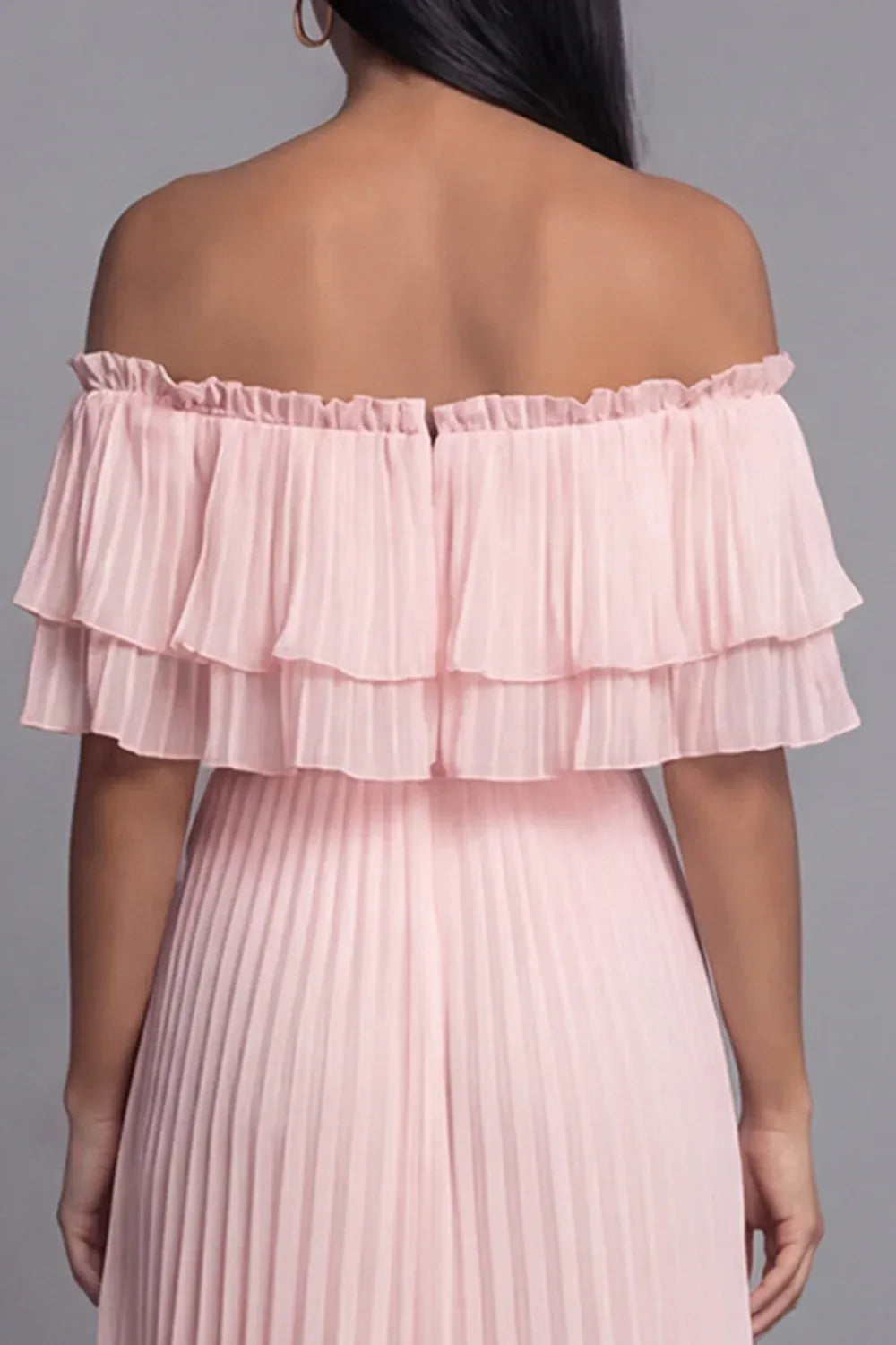 Airy A-Line Off Shoulder Short Sleeve Pleated Maxi Dress