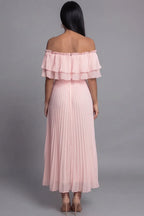Airy A-Line Off Shoulder Short Sleeve Pleated Maxi Dress