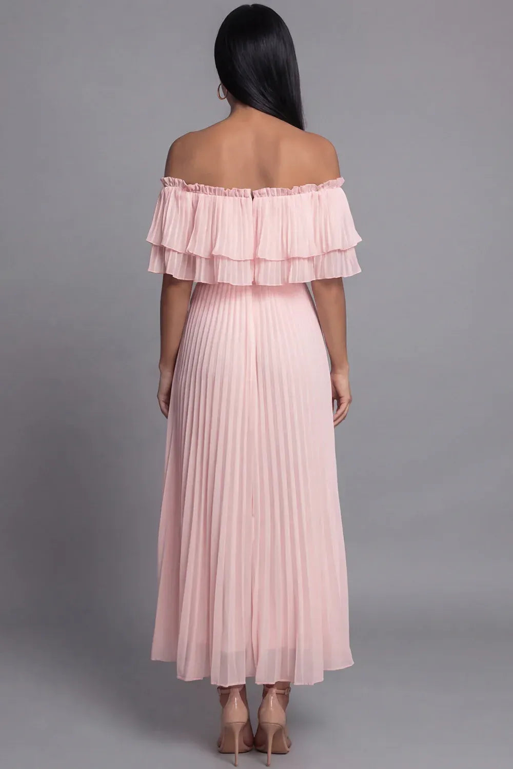 Airy A-Line Off Shoulder Short Sleeve Pleated Maxi Dress