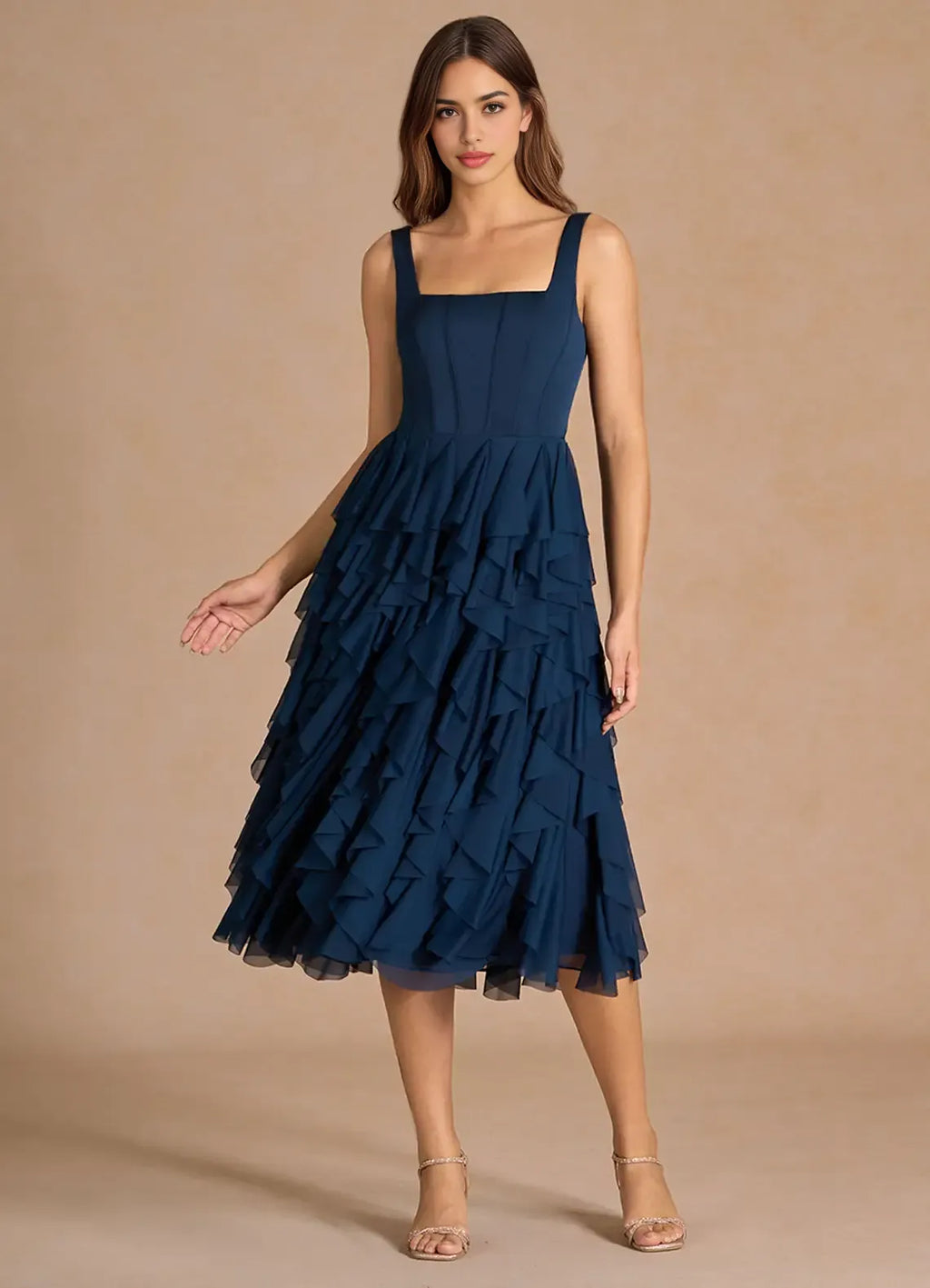 Airy A Line Square Neck Sleeveless Smocked Back Ruffled Midi Hot sale Prom Dress