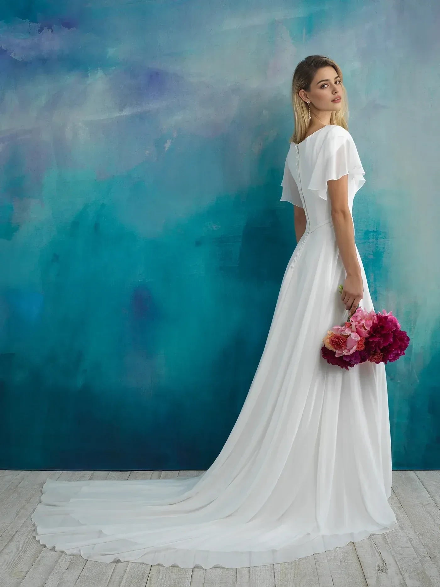 Airy A Line V Neck Flutter Sleeve Button Back Floor Length Wedding Dress