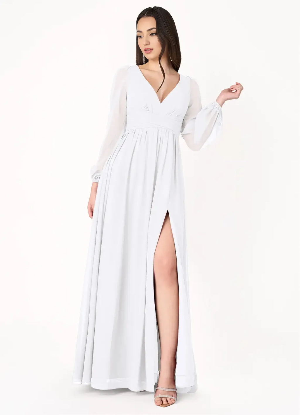 Airy A Line V Neck Sheer Long Sleeve Tie Back Floor Length For Ladies Prom Dress