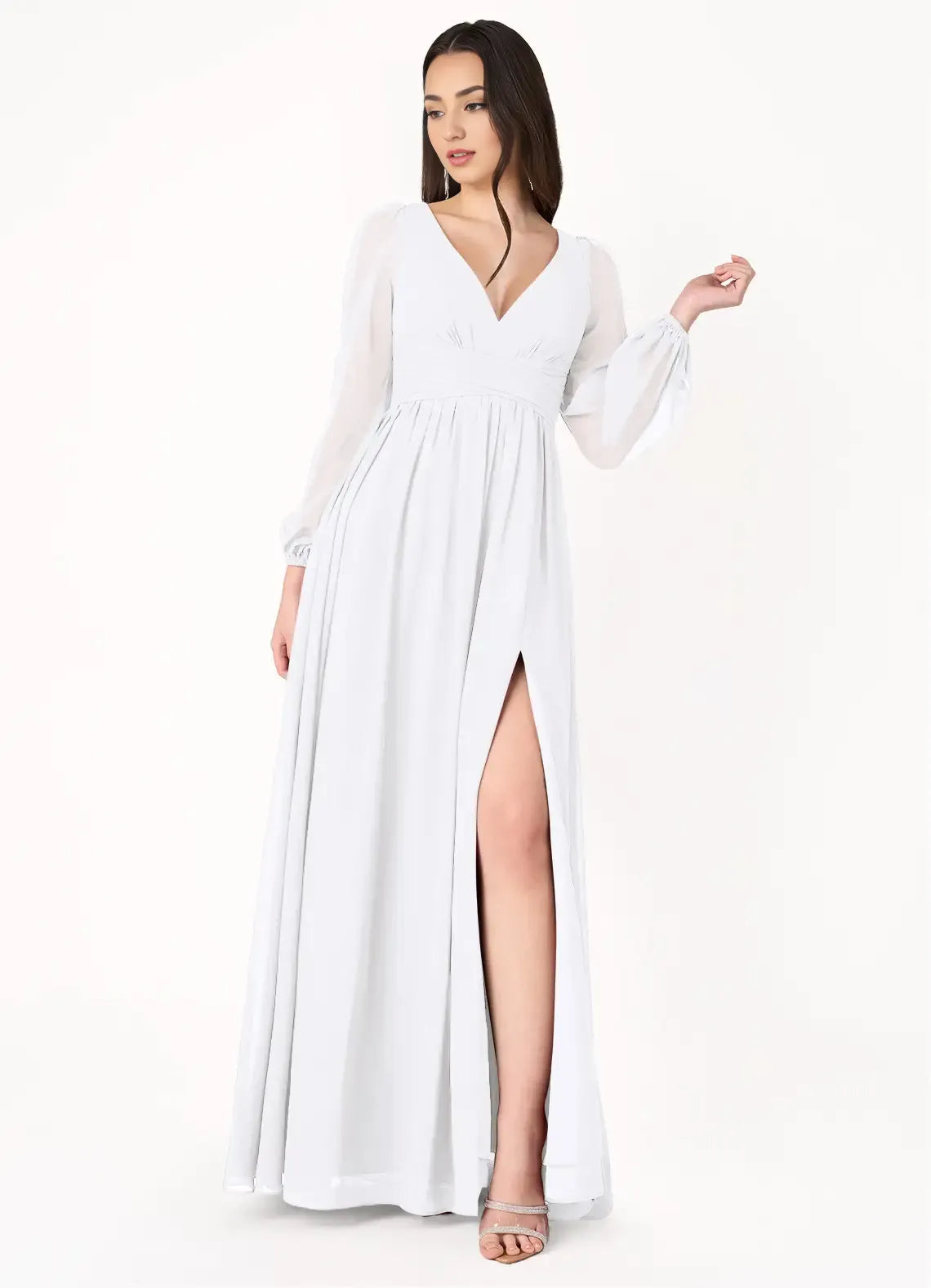 Airy A Line V Neck Sheer Long Sleeve Tie Back Floor Length For Ladies Prom Dress