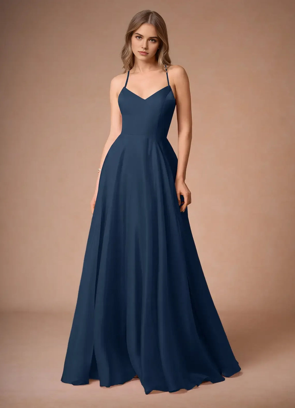Airy A Line V Neck Spaghetti Strap Crisscross Lace Up Back Floor Length For Women Prom Dress