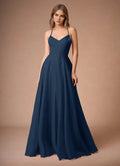 Airy A Line V Neck Spaghetti Strap Crisscross Lace Up Back Floor Length For Women Prom Dress