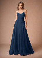 Airy A Line V Neck Spaghetti Strap Crisscross Lace Up Back Floor Length For Women Prom Dress