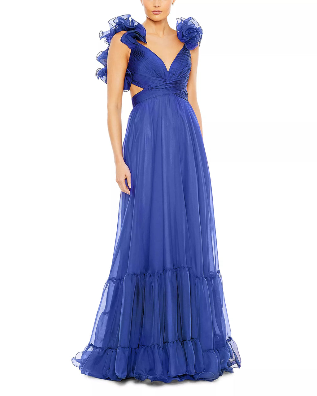Airy Ballgown Deep V Neck Ruffled Shoulder Crisscross Back Floor Length Hot Sale Prom Dress