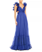Airy Ballgown Deep V Neck Ruffled Shoulder Crisscross Back Floor Length Hot Sale Prom Dress