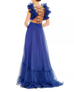 Airy Ballgown Deep V Neck Ruffled Shoulder Crisscross Back Floor Length Hot Sale Prom Dress