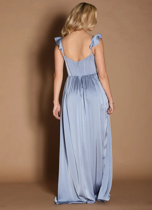 Robe de bal aérienne avec encolure en cœur, bretelles à volants, dos nu, longue, pour adultes.