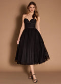 Airy Fit and Flare Sweetheart Neck Sleeveless Open Back Tea Length For Women Prom Dress ﻿