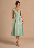 Airy Fit and Flare V Neck Sleeveless V Back Midi Length Female Prom Dress