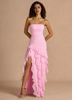 Airy Mermaid Strapless Sleeveless Open Back High Low Floor Length For Ladies Prom Dress ﻿