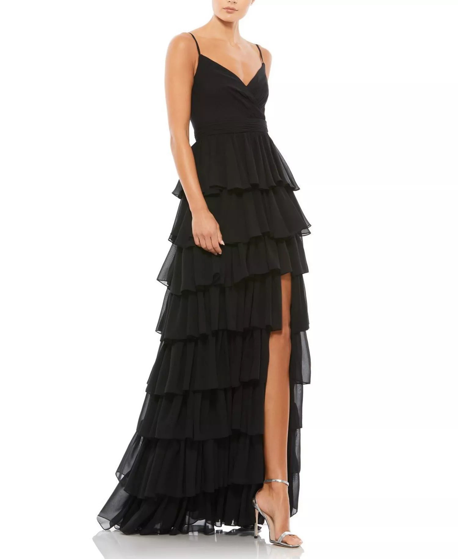 Airy Ruffled A Line Spaghetti Strap V Neck Open Back High Low For Adults Prom Dress