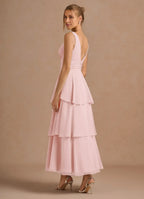 Airy Tiered Deep V Neck Sleeveless V Back Midi Length For Sale Prom Dress