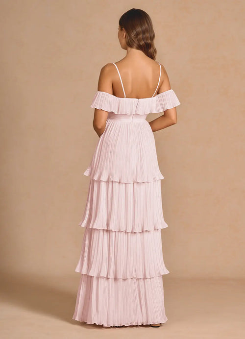 Robe de bal longue aérienne à plusieurs niveaux, à épaules dénudées, à manches courtes et dos ouvert pour femme