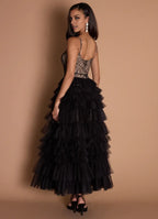Airy Tiered Square Neck Spaghetti Strap Lace Back Midi Length For Adults Prom Dress