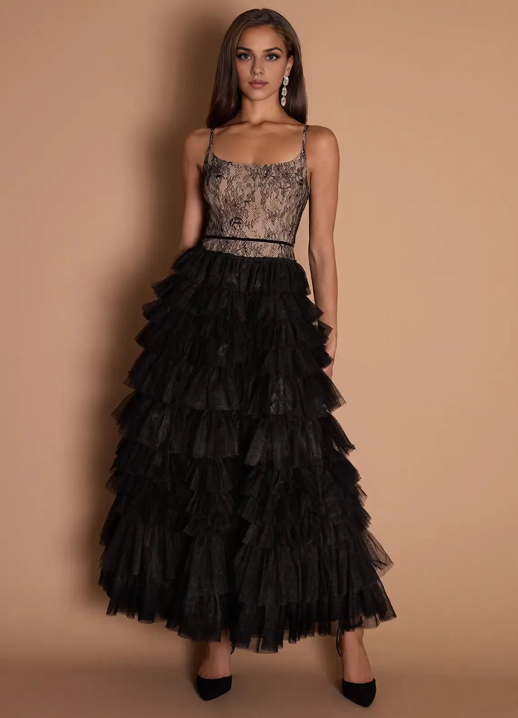 Airy Tiered Square Neck Spaghetti Strap Lace Back Midi Length For Adults Prom Dress