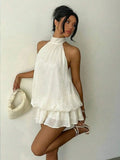White Airy Babydoll Halter Neck Tie Back Layered Ruffle Mini Homecoming Dress