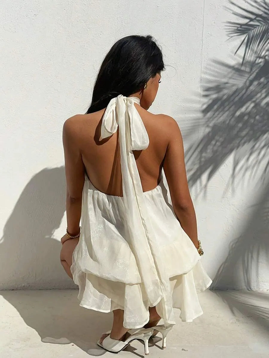 White Airy Babydoll Halter Neck Tie Back Layered Ruffle Mini Homecoming Dress