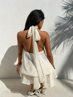 White Airy Babydoll Halter Neck Tie Back Layered Ruffle Mini Homecoming Dress