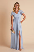 Airy Dusty Blue Chiffon Deep V-Neck Flutter-Sleeve Maxi Bridesmaid Dress with Flowy Skirt & High Side Slit