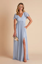 Airy Dusty Blue Chiffon Deep V-Neck Flutter-Sleeve Maxi Bridesmaid Dress with Flowy Skirt & High Side Slit