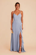 Airy Dusty Blue Chiffon Spaghetti-Strap Maxi Bridesmaid Dress with Ruffle Trim & High Side Slit