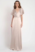 A line Slit Flutter Sleeve Beautiful Floor Length Prom Dresses Backless Simple V Neck Prom Dresses