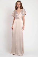 A line Slit Flutter Sleeve Beautiful Floor Length Prom Dresses Backless Simple V Neck Prom Dresses