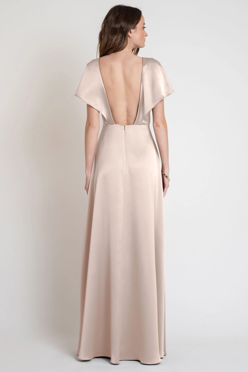 A line Slit Flutter Sleeve Beautiful Floor Length Prom Dresses Backless Simple V Neck Prom Dresses
