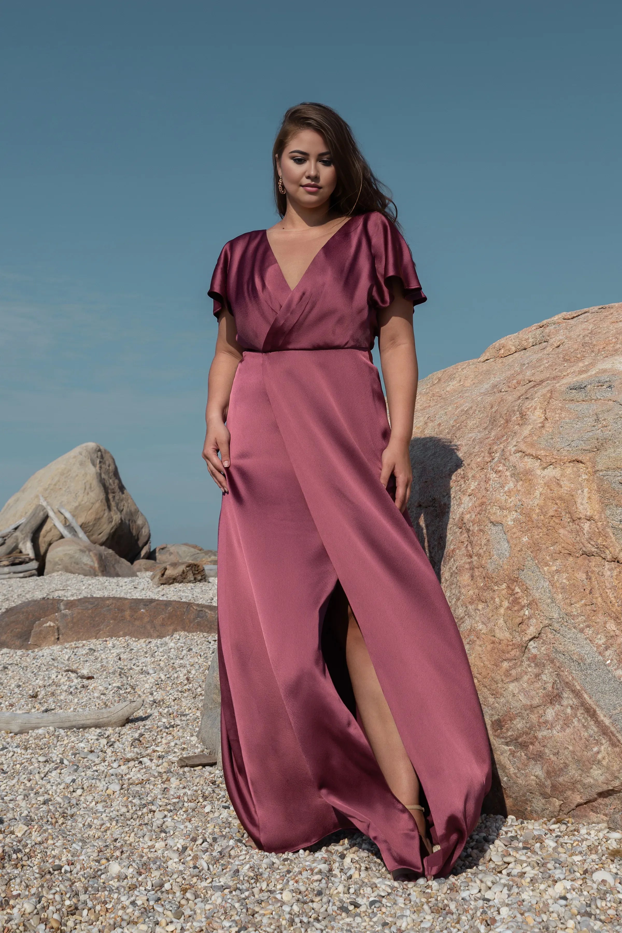 A line Slit Flutter Sleeve Beautiful Floor Length Prom Dresses Backless Simple V Neck Prom Dresses