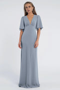 A line V Neck No Slit Flutter Sleeve Beautiful Floor Length Prom Dresses Backless With Sleeves Evening Dresses