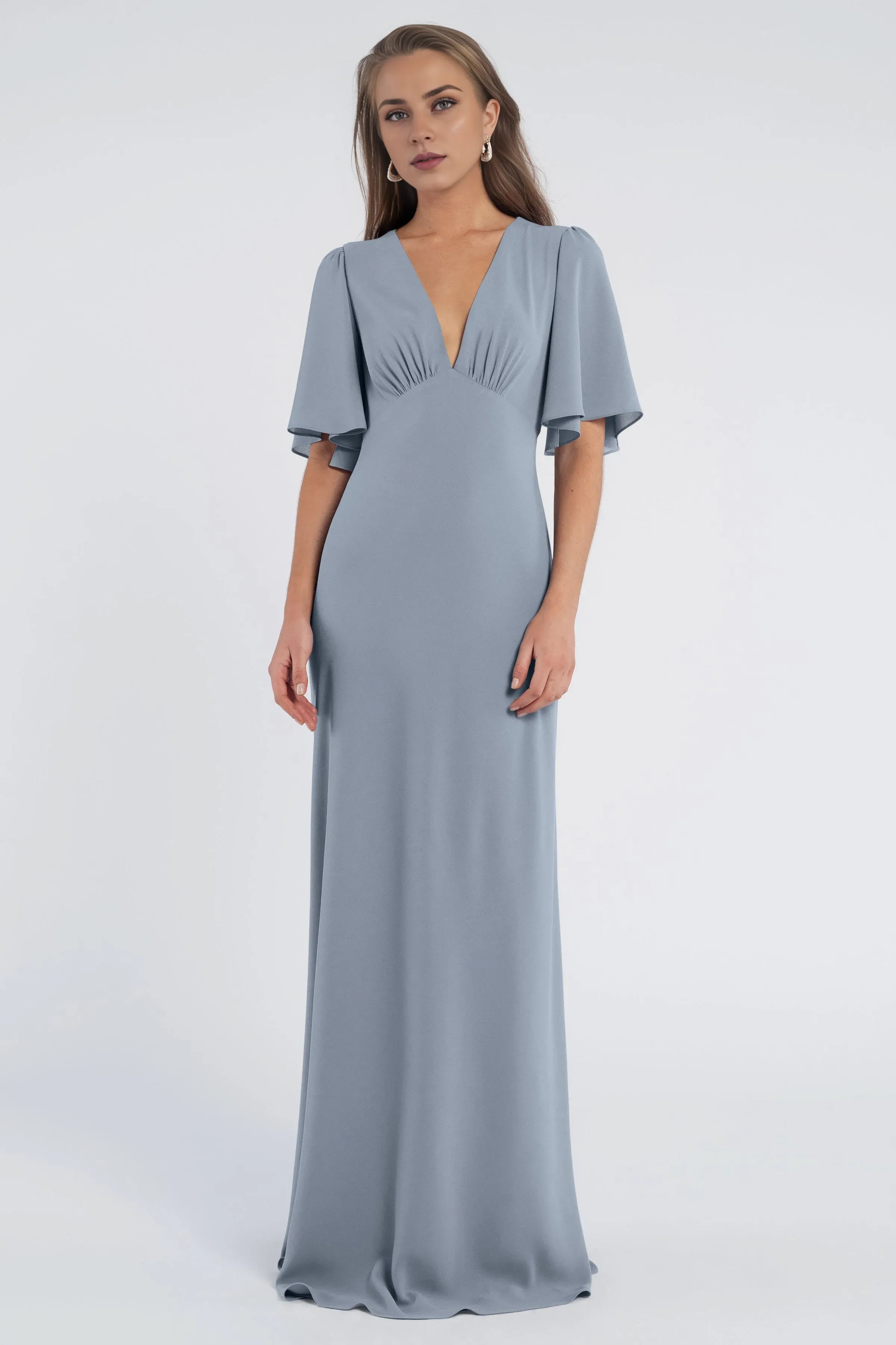 A line V Neck No Slit Flutter Sleeve Beautiful Floor Length Prom Dresses Backless With Sleeves Evening Dresses