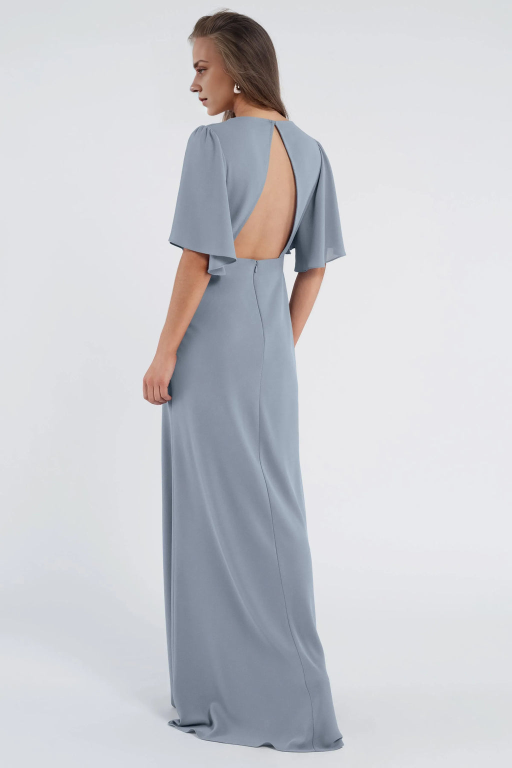 A line V Neck No Slit Flutter Sleeve Beautiful Floor Length Prom Dresses Backless With Sleeves Evening Dresses