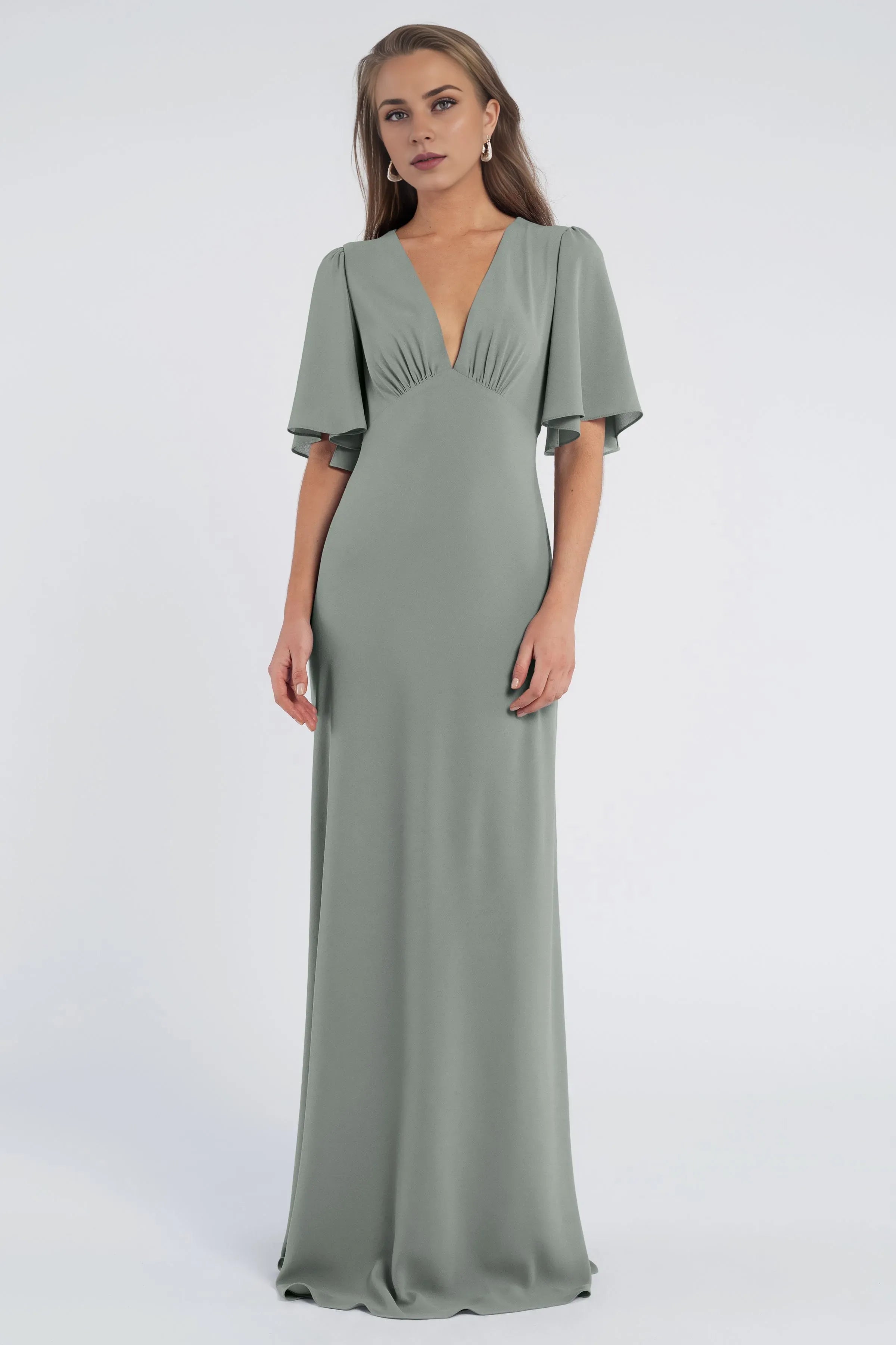 A line V Neck No Slit Flutter Sleeve Beautiful Floor Length Prom Dresses Backless With Sleeves Evening Dresses