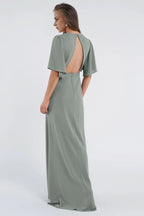 A line V Neck No Slit Flutter Sleeve Beautiful Floor Length Prom Dresses Backless With Sleeves Evening Dresses