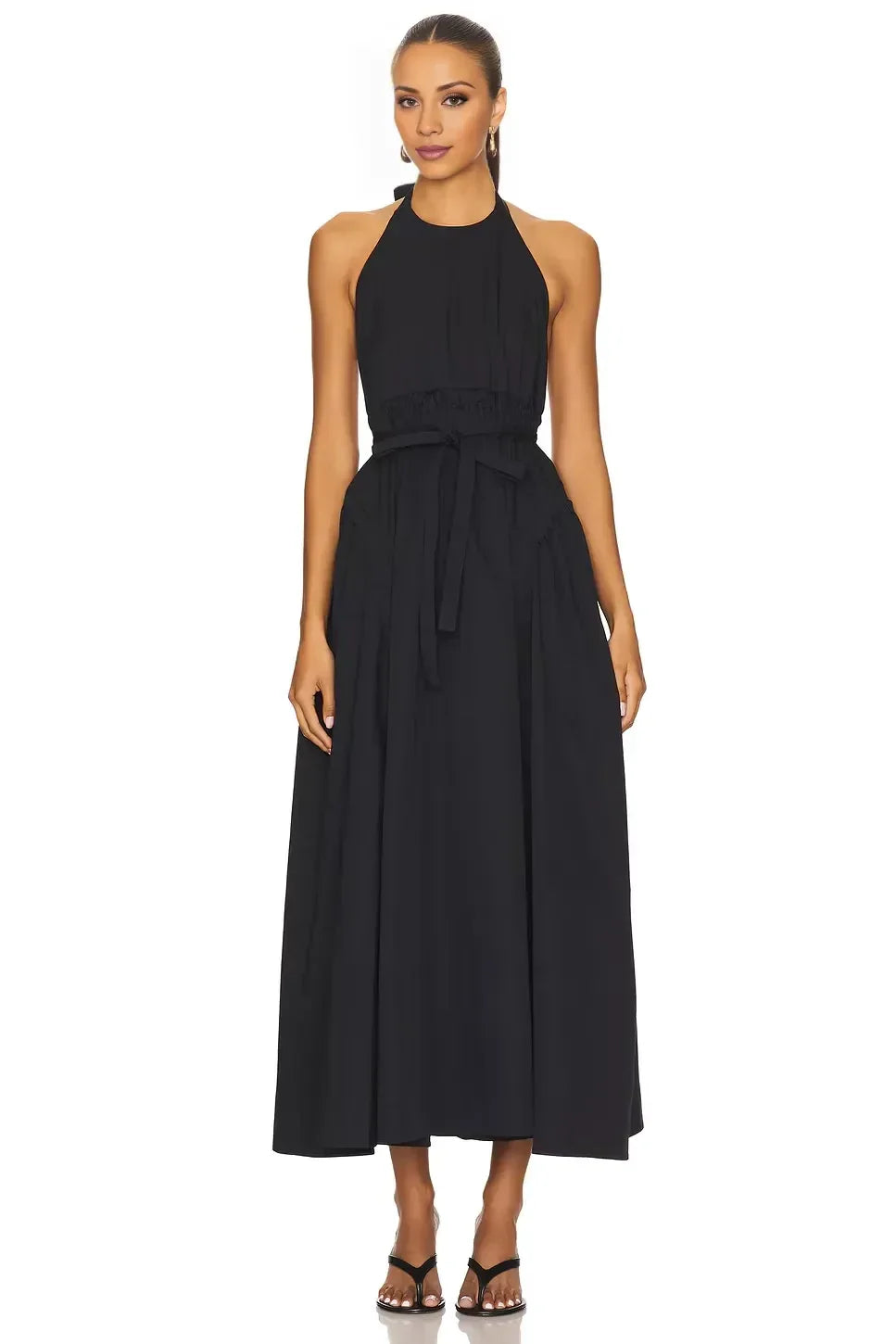 Alluring A Line Halter Neck Sleeveless Cutout Back Midi Evening Dress
